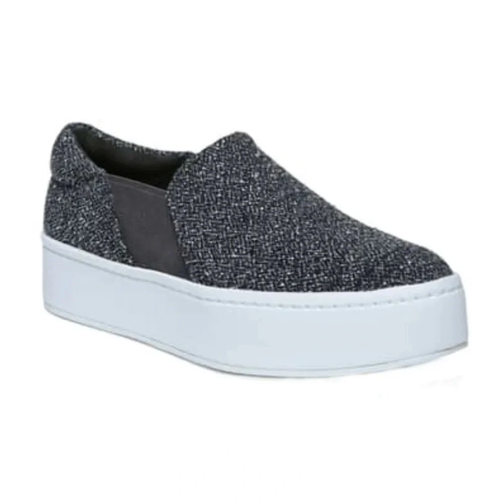$225 Vince Warren Platform Sneakers 8 Gray Tweed Round Toe Notched Vamp Slip On - Picture 1 of 15